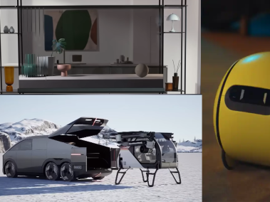 El televisor transparente de LG (esquina izquierda superior), un carro modular que integra una aeronave (esquina izquierda inferior) y el robot inteligente de Samsung.