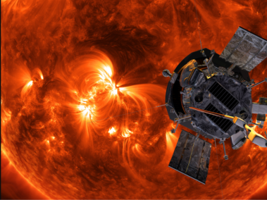 Concepto artístico de la nave espacial Parker Solar Probe acercándose al sol.