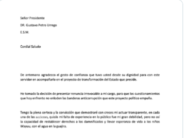 Esta es la carta de renuncia de Olmedo López