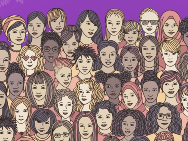 ilustración que muestra diversidad de mujeres sobre un fondo morado.