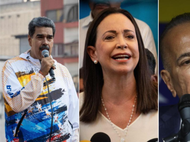 De izquierda a derecha, Nicolás Maduro, María Corina Machado y Manuel Rosales.