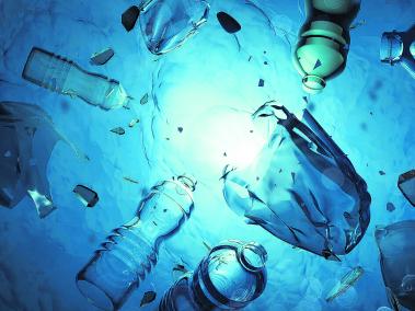 Plastic human waste including plastics bags floating in the open ocean. Water pollution 3D illustration.