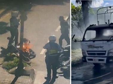 Un hombre quemó su moto y un camión de la Secretaría de Movilidad después de haber sido inmovilizado por agentes de tránsito de Itagüí.