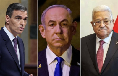 El presidente del gobierno español, Pedro Sánchez; el primer ministro israelí, Benjamín Netanyahu; y el presidente de la Autoridad Nacional Palestina, Mahmud Abbas.