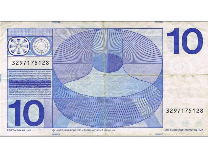 El billete de 10 florines estuvo vigente hasta el 2002 en Países Bajos. Con denominaciones de hasta 1.000, este papel moneda se caracterizó por la simplicidad de figuras y pocas tonalidades.