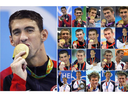 Imagen combinada de Michael Phelps con las 22 medallas de oro que ganó en los Juegos Olímpicos de Antenas de 2004, Beijing 2008, Londres 2012 y Río 2016.