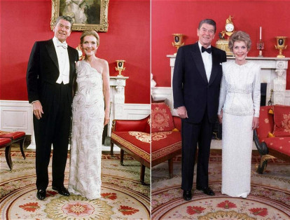 Ronald y Nancy Reagan posan en la sala roja de la Casa Blanca antes de la investidura en Washington, 1981 (Izq.) y 1985 (Der.). Nancy Reagan usó vestidos diseñados por John Galanos en ambas ocasiones.