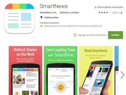SmartNews. Es una aplicación que gestiona noticias de diversos medios de comunicación, estableciendo grados de prioridad con su algoritmo. Su problema es la cantidad de consumo de datos que gasta.