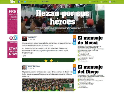 Olé, de Argentina, llama héroes a las personas de Chapecoense que murieron. También, hacen eco a los mensajes de aliento compartidos por Leo Messi y Diego Maradona desde sus redes sociales.