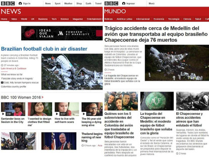BBC, tanto su versión británica como mundial, abrió con un despliegue importante de noticias relacionados al accidente aéreo.