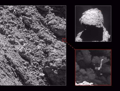 2 de septiembre del 2016: Rosetta captó una imagen de 'Philae' posado en una grieta oscura de la superficie del cometa 67P.