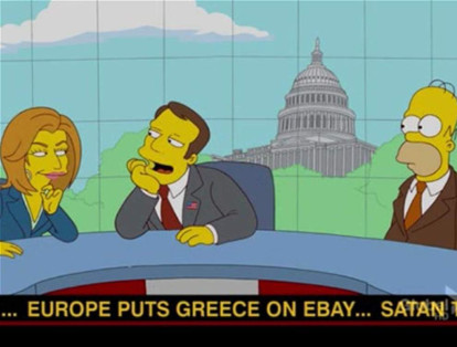 Mientras Homero daba una entrevista, en la parte baja de la pantalla, a modo chiste, dice que 'Europa pone a Grecia en Ebay'. Se emitió en 2012, antes de la crisis económica del país europeo.