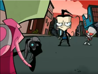 En 'Invasor Zim', transmitido a través de Nickelodeon, un niño y un alien se muestran fuertemente armados y dispuestos a herirse.