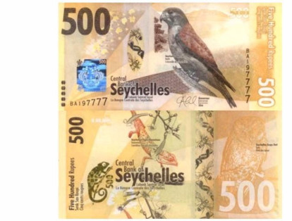 500 rupias (Seychelles): en el frente se observan cocos e ilustraciones de flora y fauna. En el reverso se puede apreciar un camaleón, varios insectos y un ciervo.