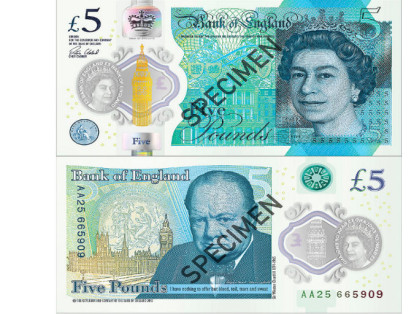 5 Libras (Inglaterra): en el frente, la divisa contiene imágenes de la Reina Isabel, el Big Ben, entre otras. En su respaldo, predomina la ilustración del ex primer ministro Winston Churchill, con un fondo del Palacio Blenheim en color verde.