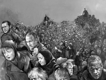 En esta composición podemos ver una horda de refugiados entre los que se encuentran Vladimir Putin, Angela Merkel, Hillary Clinton, Boris Johnson, Theresa May, Donald Trump y Barack Obama.
