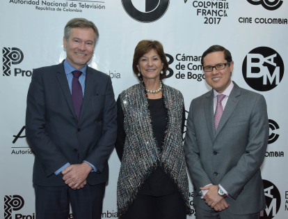 Gautier Mignot, embajador de Francia en Colombia; Claudia Triana, directora de Proimágenes Colombia, y  Marco Llinás, vicepresidente de Competitividad y Valor Compartido de la Cámara de Comercio de Bogotá.