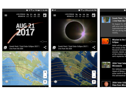 Uso de apps. Aquí le recomendamos cuatro aplicaciones que puede usar para disfrutar del eclipse. La primera es Total Solar Eclipse que provee cinco transmisiones en vivo de forma simultánea, entre ellas una transmisión que contará con comentarios de los expertos de Exploratorium y científicos de la NASA.