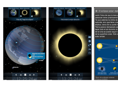 Solar Eclipse by Redshift. Ofrece una simulación del eclipse solar desde cuatro perspectivas distintas: una vista desde el sol, la mejor ubicación para observarlo, su ubicación actual y una vista del mapa.