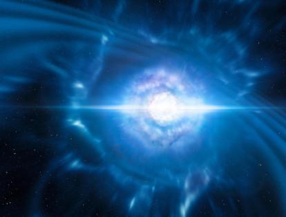 Una imagen virtual facilitada por el Observatorio Europeo Austral (ESO) muestra la explosión de kilonova, fenómeno originado por la colisión de dos estrellas de neutrones, hoy, 16 de octubre de 2017.