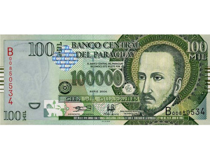 En Paraguay se pueden encontrar billetes de 100.000 guaraníes, equivalentes a 17 dólares. Incorpora como elemento distintivo la imagen de San Roque González de Santa Cruz.