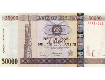 En Uganda se mantiene en circulación el billete de 50.000 chelines, esto equivale a, más o menos, 13 dólares.