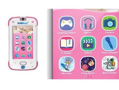 KidiBuzz. Diseñado para niños entre 4 y 9 años, este dispositivo, que viene en rosa y negro, es perfecto para los que quieren un celular pero que aún no pueden tenerlo. Funciona con sistema Android, tiene cámara, juegos, 8 gb de memoria y permite la comunicación con otros dispositivos que tengan la aplicación. El juguete puede conseguirse desde 70 dólares.
