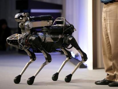 El CEO y fundador de Boston Dynamics, Marc Raibert (R), muestra el robot SpotMini de su empresa en la conferencia SoftBank World 2017 en Tokio, Japón.