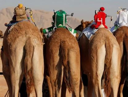 Robot jinetes se ven en camellos durante una carrera en Wadi Rum, Jordania.