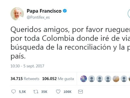 El séptimo lugar es para el Papa Francisco antes de su visita a Colombia. El trino tiene 106,000 'Me gusta' y 34,715 Retweets.