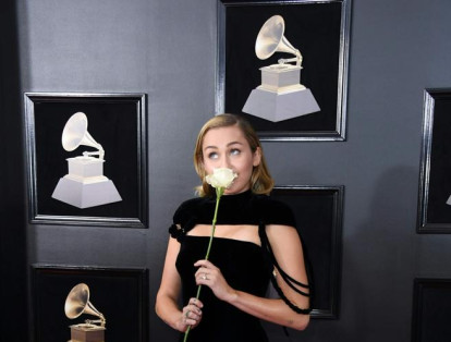 1-	Miley Cyrus posa frente a una pared alusiva al galardón que se entregaba esa noche. Su rosa blanca en la mano hace parte de la campaña #MeToo que desde Octubre de 2017, denuncia el acoso sexual a raíz de los escándalos de Hollywood.