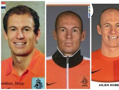 Estas tres imágenes muestran a Arjen Robben, de Holanda, en las ediciones Panini de Alemania 2006, Sudáfrica 2010 y Brasil 2014. Robben anunció a finales de 2017 su retiro de esta selección, que no irá a Rusia.