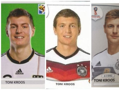 Estas imágenes muestran al alemán Toni Kroos en las ediciones Panini de los mundiales de Sudáfrica 2010, Brasil 2014 y Rusia 2018.