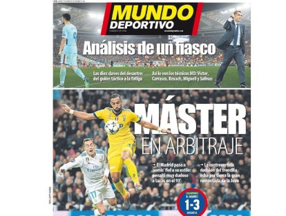 Mundo Deportivo, otra gaceta de España, pone en tela de juicio el penal: MASTER EN ARBITRAJE: El Madrid pasa a ‘semis’ fiel a su estilo: Penalti muy dudoso a Lucas en el 93.