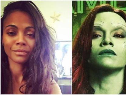 Zoe Saldaña es Gamora, la hija adoptiva de Thanos, quien frente a cámara evidencia muchos detalles faciales producto de un buen trabajo de maquillaje.