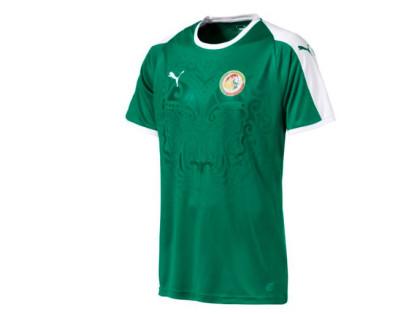 Senegal presenta una camiseta verde con detalles de color blanco en el cuello y las mangas. Un elemento para resaltar es el diseño león de color verde oscuro  que abarca gran parte del pecho.