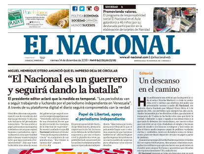 Extracto de la primera página de la última edición impresa del periódico 'El Nacional' de Caracas, de este 14 de diciembre de 2018.