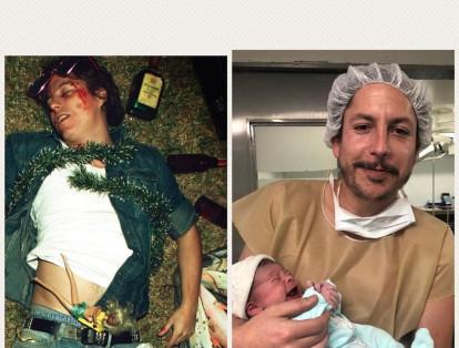 El comediante Alejandro Riaño compartió una foto que se supone es de cuando tenía 23 años. En la imagen se ve de fiesta y en la otra recibiendo a su hijo.