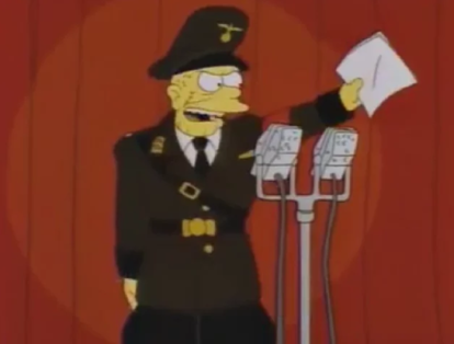 Locutor nazi 
El episodio 83 de la temporada 5 de Los Simpson fue lanzado en 1993. Titulado ‘Cape Fear’ o ‘Cabo de miedosos’, fue censurado en Alemania debido a que el inicio del capítulo aparece un locutor alemán del programa nocturno de McBain presentándolo. 
Este personaje, además de hablar con un fuerte acento alemán, está vestido como nazi, lo cual es un tema delicado para la nación alemana. El episodio fue posteriormente editado para no incluir al locutor.