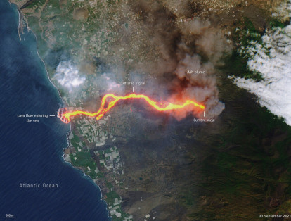 Esta imagen, capturada por la misión Copernicus Sentinel-2 el 30 de septiembre, muestra el flujo de lava del volcán en erupción en la isla española de La Palma. La cascada de lava se puede ver derramándose en el Océano Atlántico, extendiendo el tamaño de la costa. Este "delta de lava" cubría unas 20 hectáreas cuando se tomó la imagen.