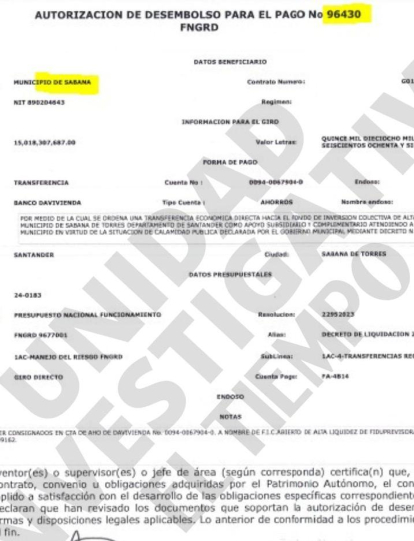 Este es documento de la autorización para la transferencia del giro a Sabana de Torres.