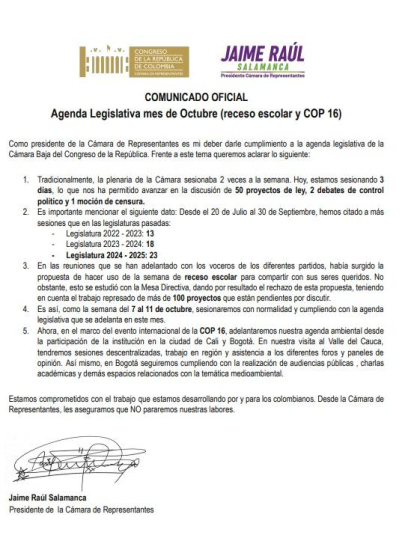 Comunicado del presidente de la Cámara de Representantes, Jaime Raúl Salamanca.