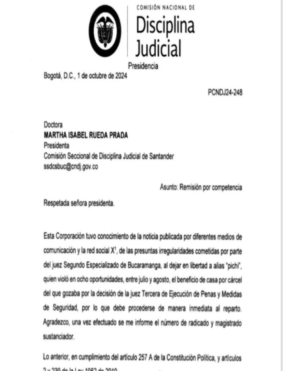 Carta investigación a jueza por Alias Pichi
