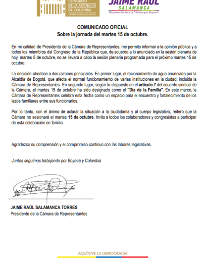 Este fue el comunicado del presidente de la Cámara.