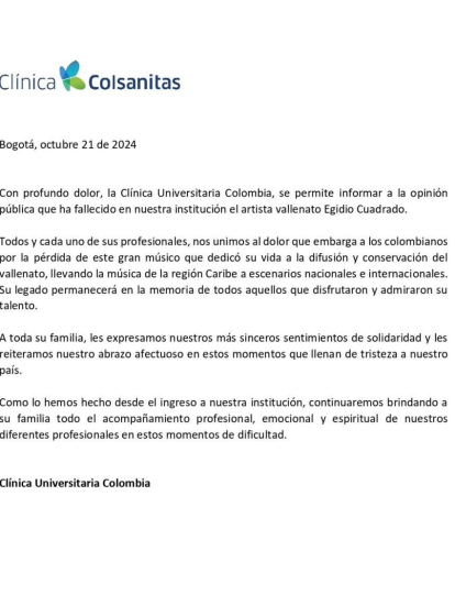 Comunicado de prensa Clínica Colsanitas.