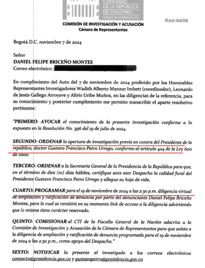 Este es el documento de la apertura de investigación contra el presidente Gustavo Petro.
