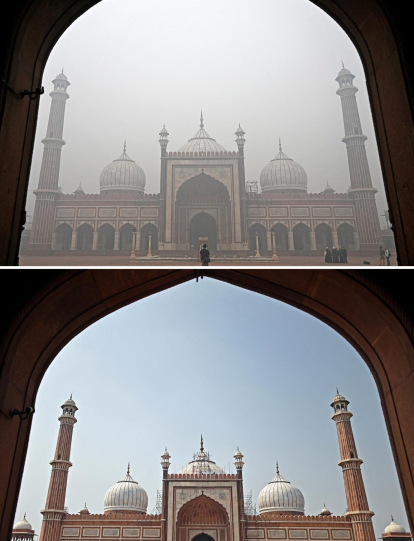 Esta combinación de imágenes creadas el 18 de noviembre de 2024 muestra (arriba) Jama Masjid envuelta en un espeso smog, en el casco antiguo de Delhi el 18 de noviembre de 2024 y turistas que visitan Jama Masjid rodeados por un cielo azul claro en el casco antiguo de Delhi el 8 de octubre de 2024.
