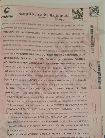 Estas es la escritura en la que aclaran que, contrario a lo dicho en el acta, la plata iba para Colombia Humana.