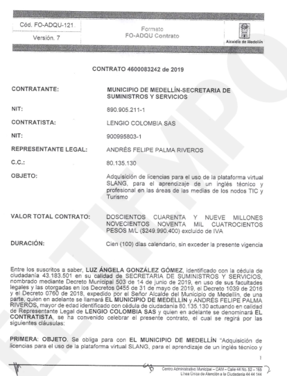 Contrato 4600083242 de 2019 entre la secretaria de Suministros de Medellín y Lengio Colombia S.A.S.