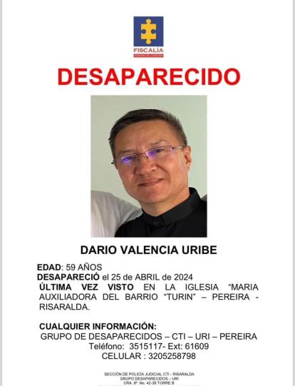 Cartel con el que buscan al sacerdote Darío Valencia